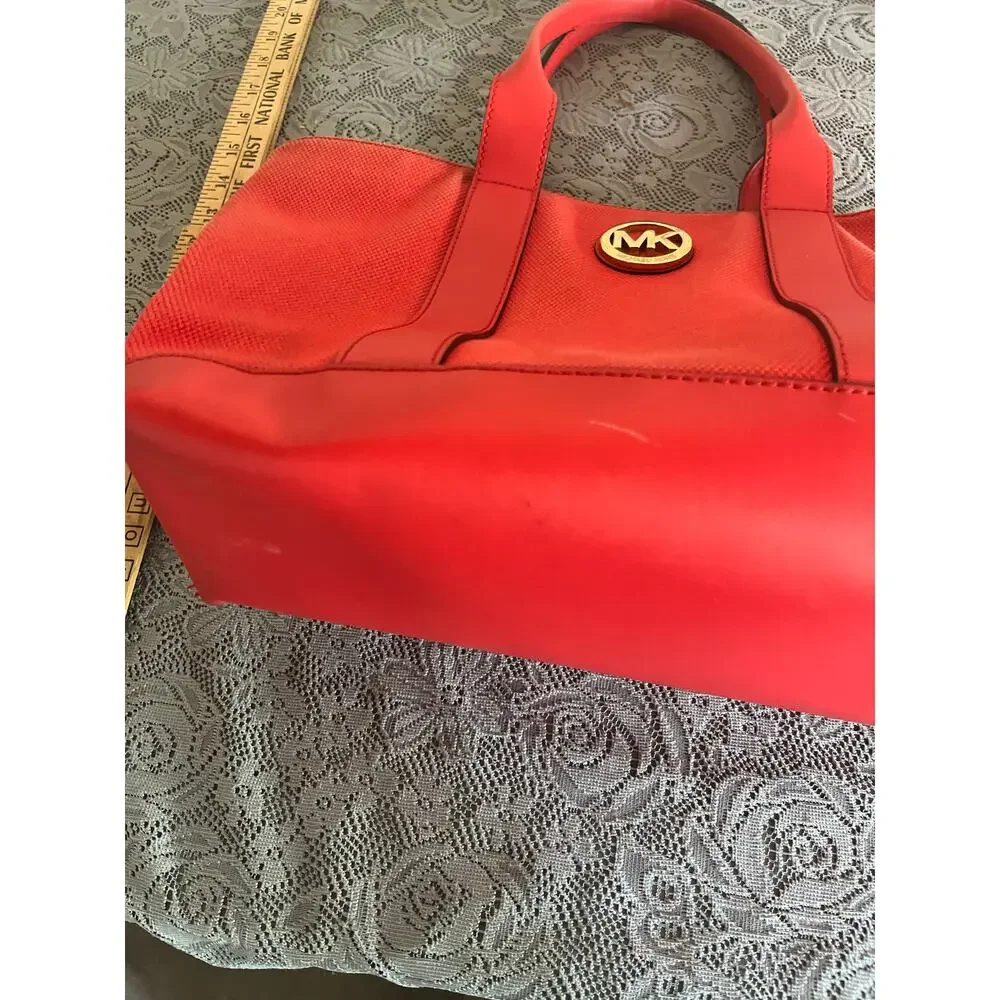 Michael Kors Red Woven Canvas Leather Tote Bag Gold MK Medallion Signature